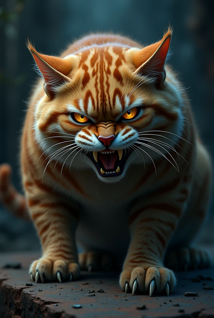 A furious feline, detailed fur texture, piercing eyes, sharp claws, intense expression, dramatic lighting, cartoon, dark moody atmosphere, cinematic composition, gritty grunge style, deep rich colors, dramatic shadows, ultra-detailed, (best quality,4k,8k,highres,masterpiece:1.2),ultra-detailed,(realistic,photorealistic,photo-realistic:1.37)
