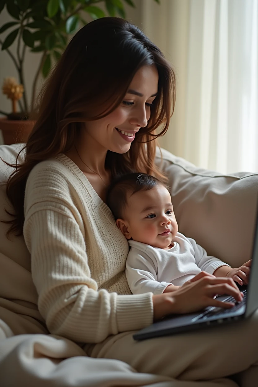 A mother working from home on her laptop with her baby on her lap. The mother has Latin features. Super realistic image with lots of details.
