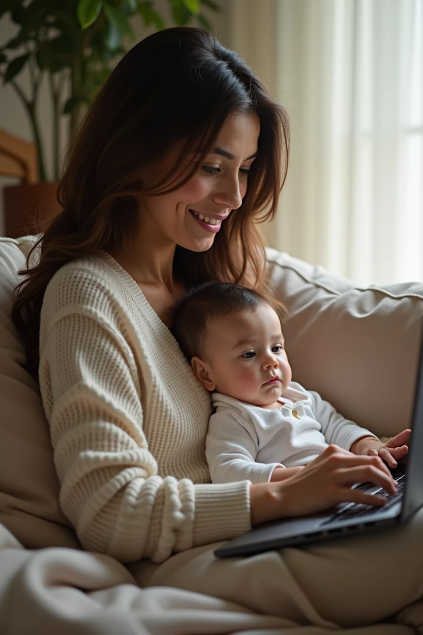 A mother working from home on her laptop with her baby on her lap. The mother has Latin features. Super realistic image with lots of details.