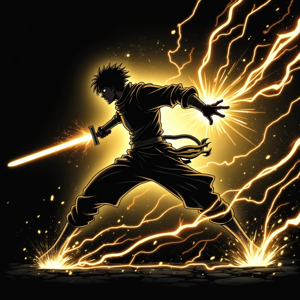 .((Best Quality)), ((masterpiece)), ((detailed)), ((High Definition)), an electric aura of sword cuts in anime style, all color red lightning, with the black silhouette of a swordsman in the center, dynamic movements, fighting pose, sword thrust, running fast forward, with the lightning on his back, cutting the air, as it moves forward, technique, from the red lightning sword god . With a black background.