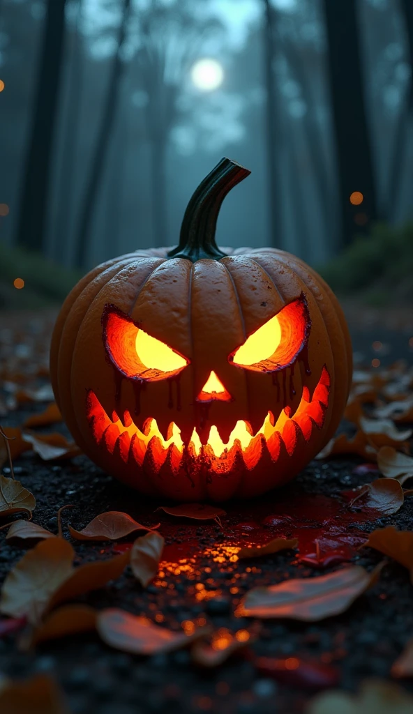 a halloween pumpkin with blood, pumpkin illuminated from the inside, scary, halloween scene, macabre, leaf floor in the forest, blood, dark night ,pumpkin with blood, more blood,