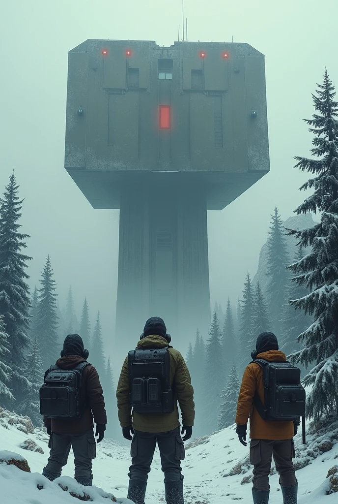 (Three Isolated humans with gas mask, brown, blue, black and white clothes) look over tall square futuristic outpost inside the mountain without lights in the style of dark hues, forest winter with trees and pines, coded patterns, urbancore, soviet ambience, vastness of space, post apocaliptic space.