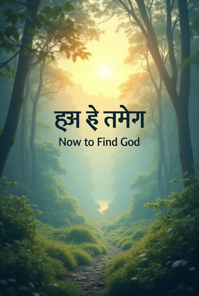 Create a YouTube thumbnail for a video titled "How to Find God | भगवान को कैसे पाएं". The thumbnail should include an image of a serene nature scene, like a sunrise or a peaceful forest, to evoke a sense of spirituality. Include the text "भगवान को कैसे पाएं?" in bold, large, and clear Hindi font at the center or top, and "How to Find God" in smaller text below it. Use calming colors like blue, green, and gold to enhance the spiritual theme.
