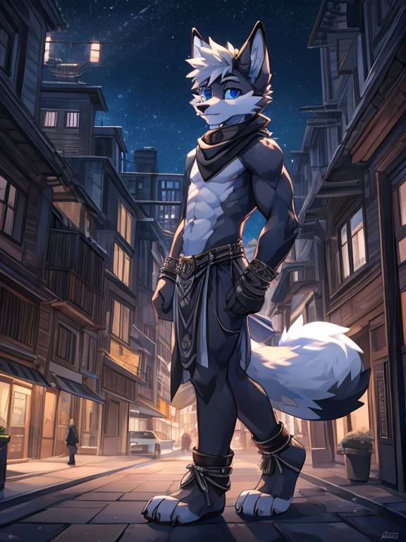 Solo, young furry, furry, young, white fox, white body, white fur, black hat, brown loincloth, masterpiece, Detailed face, big eyebrows, blue eyes, detailed eyes, No muscles, twink, Detailed hands, Flat body, Skinny, Detailed paws, no shirt, no underwear, metal bands on wrists, oversized collar, metal bands on ankles, black scarf, city, night, side view