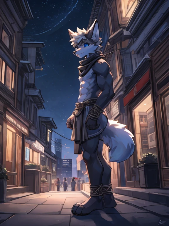 Solo, young furry, furry, young, white fox, white body, white fur, black hat, brown loincloth, masterpiece, Detailed face, big eyebrows, blue eyes, detailed eyes, No muscles, twink, Detailed hands, Flat body, Skinny, Detailed paws, no shirt, no underwear, metal bands on wrists, oversized collar, metal bands on ankles, black scarf, city, night, side view