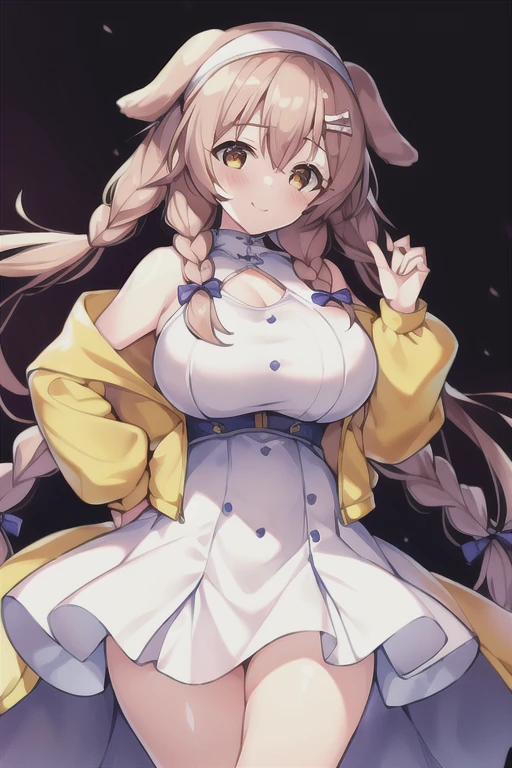 1girl, Korone, smile, dog ears, twin braids, sidelocks, hair ornament, ((white dress)), yellow jacket, dress, jacket, open clothes, open jacket, short dress, sleeveless dress, huge breasts, wide hips, thick thighs, tall, tall female, mature female, bandana, scarf, hourglass figure, standing,