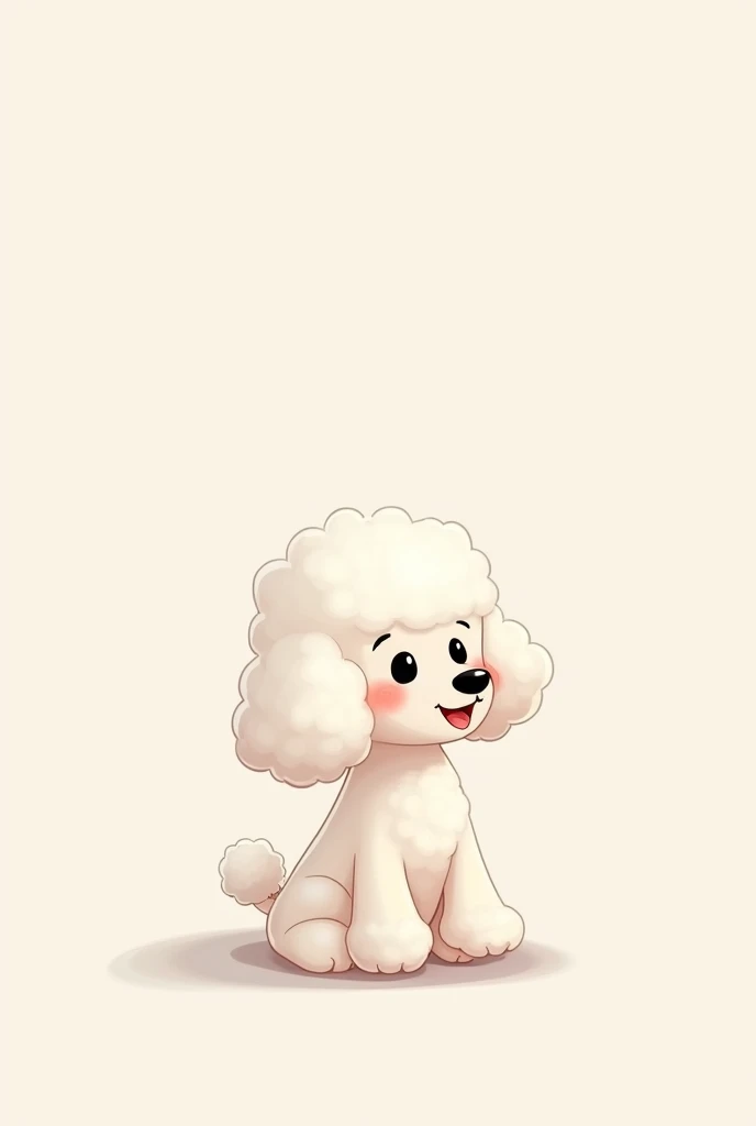 White and very flat poodle, with a thin snout, short neck and wavy ears, everything animated that is sitting
