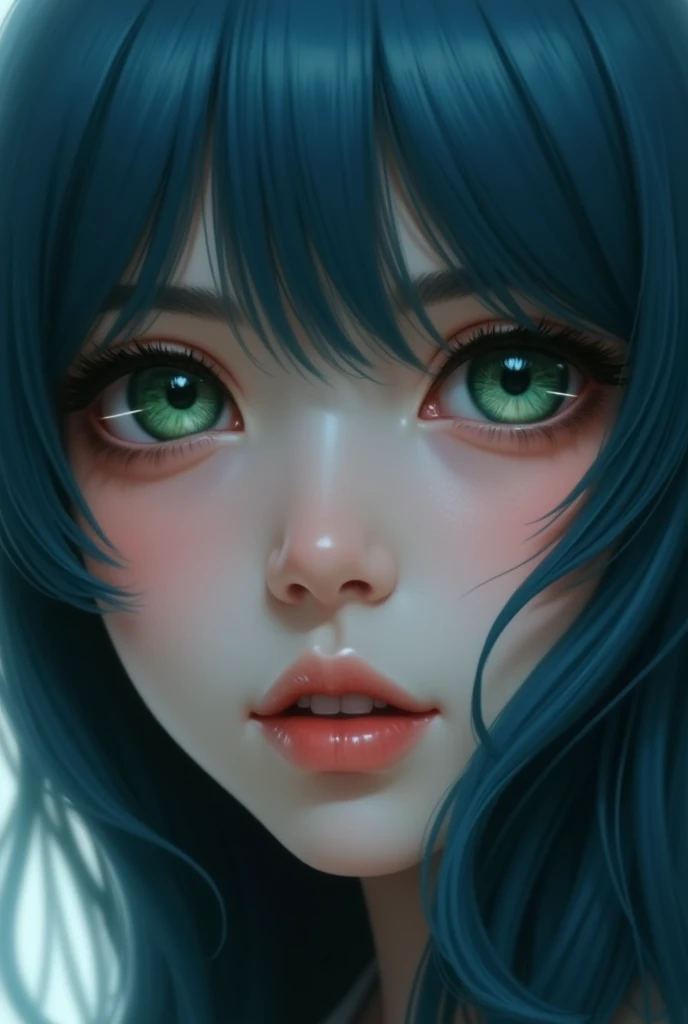 smooth, blue-black hair and green eyes that are a mix of light and dark.