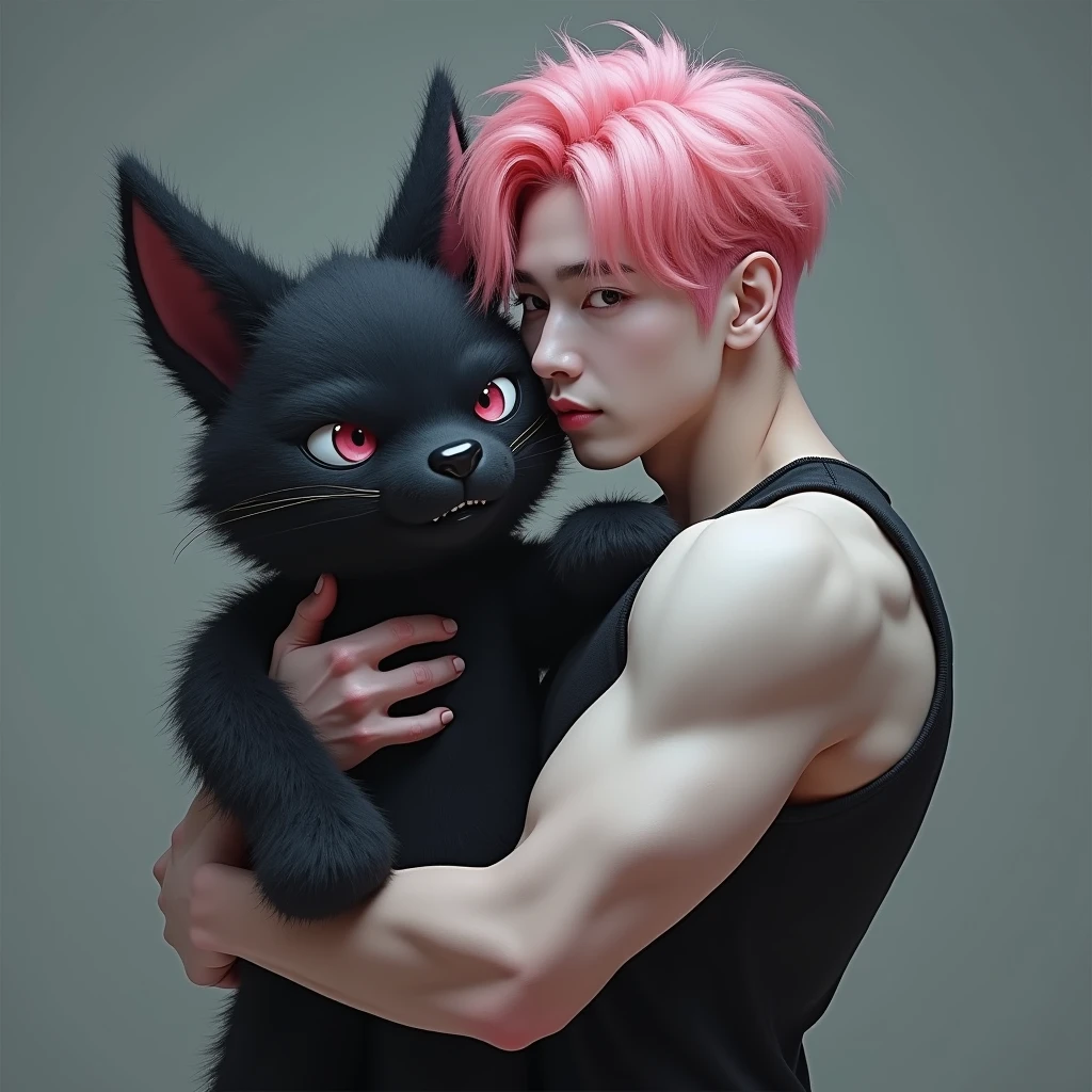 Korean male idol with a muscular build, pale skin, and pink hair, hugging a realistic gothic stuffed animal