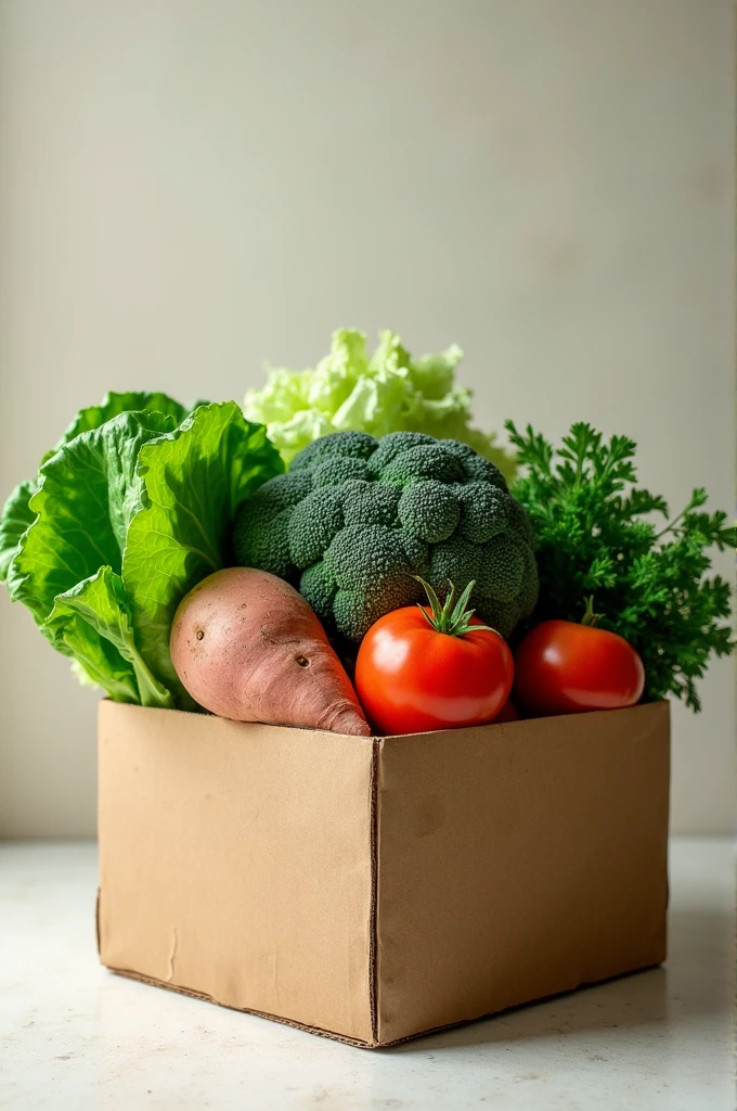Generate an image with a cardboard box containing lettuce, kale, cilantro, sweet potato, and tomato.