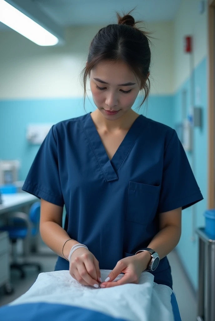 Nurse in navy blue scrubs without a coat drawing