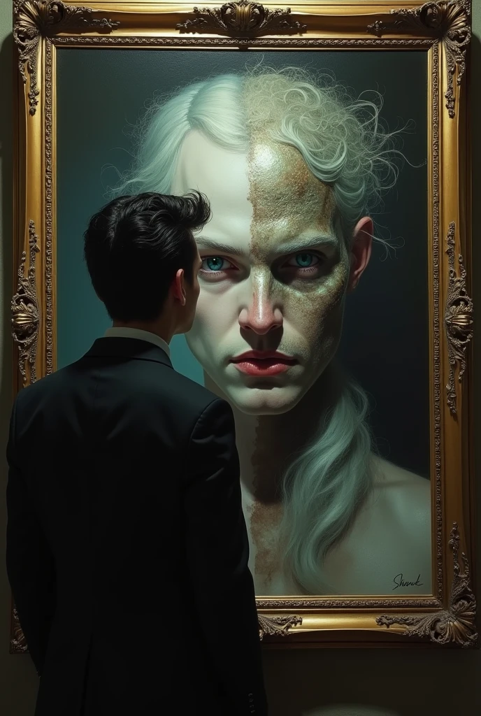 Dorian Gray looking at his portrait, half beautiful, half horrible.
