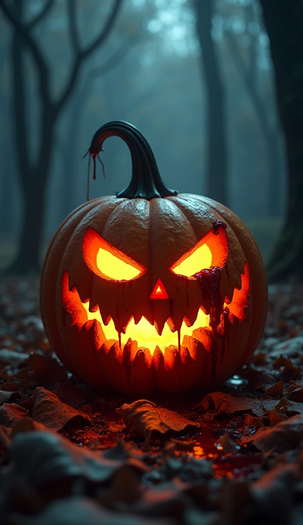 a halloween pumpkin with blood, pumpkin illuminated from the inside, scary, halloween scene, macabre, leaf floor in the forest, blood, dark night ,pumpkin with blood, more blood,