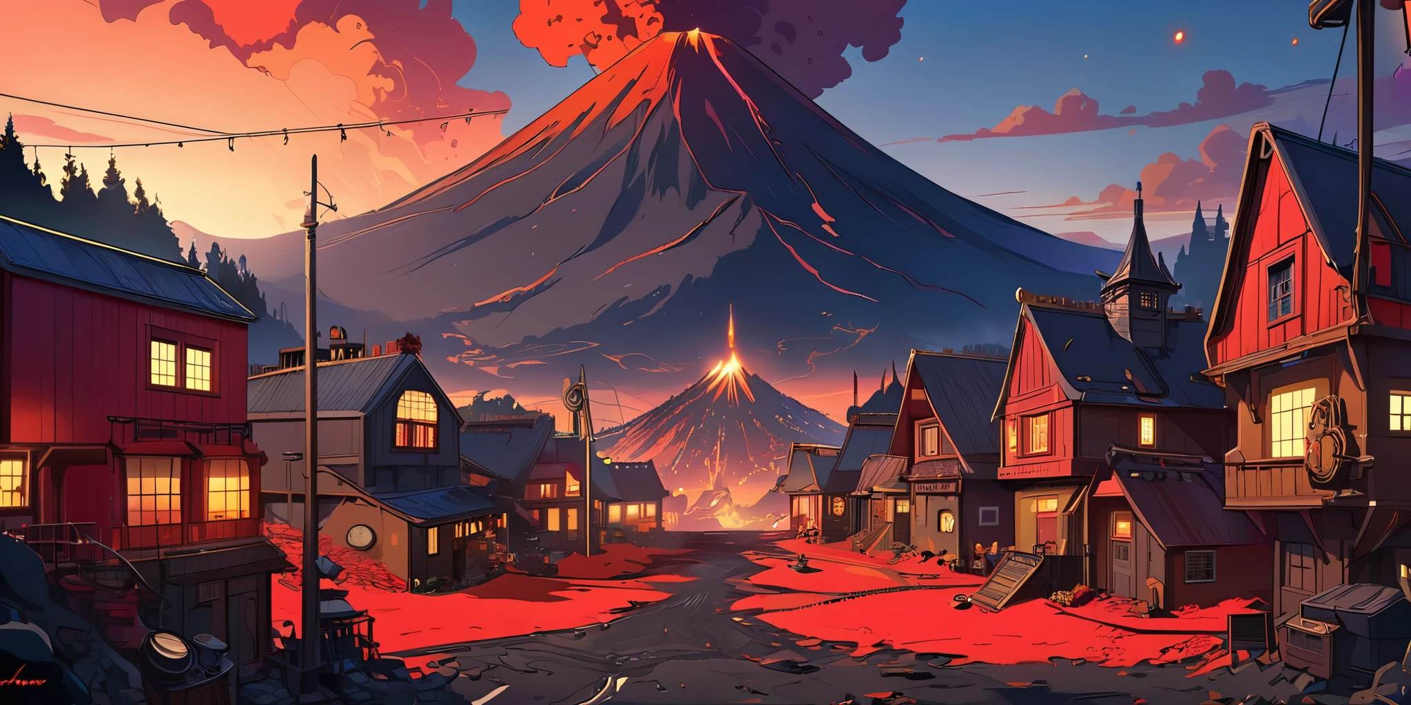 Dessinez une affiche d'anime lofi, village, volcan, Décoration Steampunk, lave, Lumière, une belle palette de couleurs en noir rouge, couleurs saturées vibrantes, ouvrages d'art, les jours, thème animé