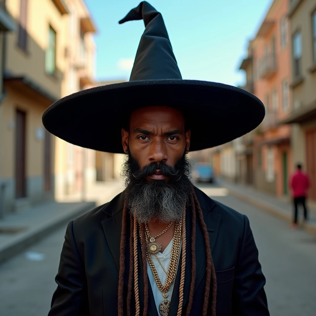 Hip hop album cover. A man around 44 years old, skin fair, descendant of African with indigenous woman. this man is bald, with a full beard on his face and large, a black wizard-style hat on his head, the hat covers his eyes, highlighting his nose and beard, with urban clothes typical of a history professor who likes indigenous shamanic culture , the cover would also be in a city, like a well-organized and clean slum, On a sunny day ....