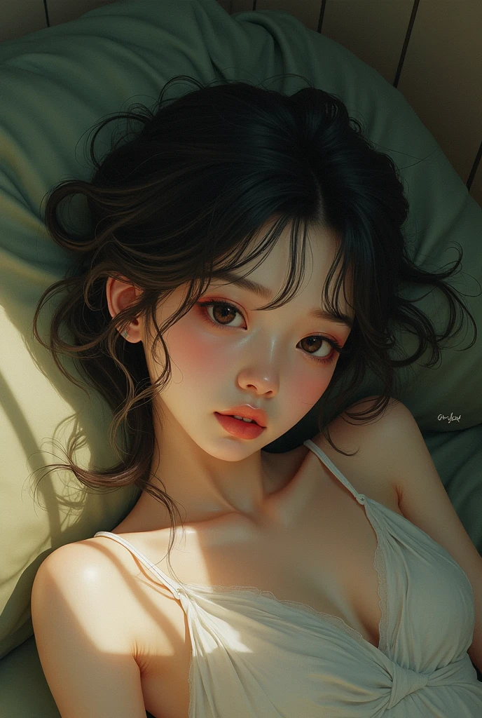 A girl lying on a sofa, looks very pleasant, Chinese animation style, looks depressing, high quality, ultra-detailed, crazy details, 4K, 1girl, detailed portrait, beautiful detailed eyes, beautiful detailed lips, extremely detailed face, intricate details, soft lighting, warm color palette, cinematic composition, dreamlike atmosphere, melancholic mood, delicate brushstrokes, digital painting, whimsical fantasy, detailed background, lush environment, natural textures