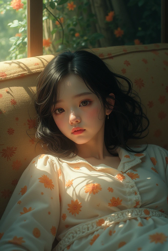 A girl lying on a sofa, looks very pleasant, Chinese animation style, looks depressing, high quality, ultra-detailed, crazy details, 4K, 1girl, detailed portrait, beautiful detailed eyes, beautiful detailed lips, extremely detailed face, intricate details, soft lighting, warm color palette, cinematic composition, dreamlike atmosphere, melancholic mood, delicate brushstrokes, digital painting, whimsical fantasy, detailed background, lush environment, natural textures