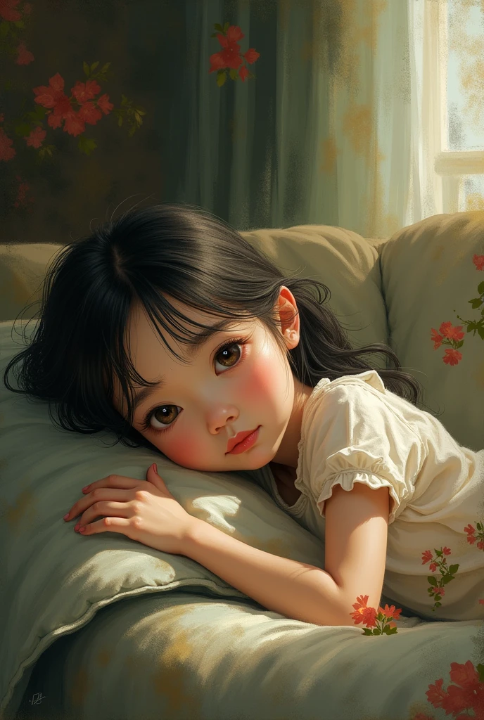 A girl lying on a sofa, looks very pleasant, Chinese animation style, looks depressing, high quality, ultra-detailed, crazy details, 4K, 1girl, detailed portrait, beautiful detailed eyes, beautiful detailed lips, extremely detailed face, intricate details, soft lighting, warm color palette, cinematic composition, dreamlike atmosphere, melancholic mood, delicate brushstrokes, digital painting, whimsical fantasy, detailed background, lush environment, natural textures