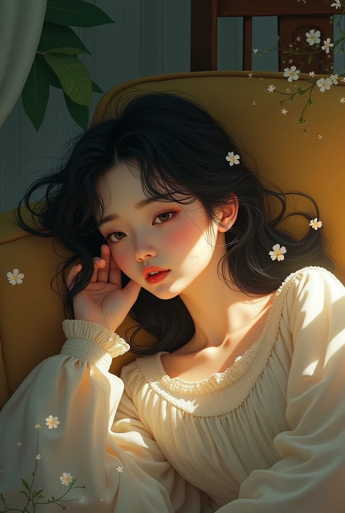 A girl lying on a sofa, looks very pleasant, Chinese animation style, looks depressing, high quality, ultra-detailed, crazy details, 4K, 1girl, detailed portrait, beautiful detailed eyes, beautiful detailed lips, extremely detailed face, intricate details, soft lighting, warm color palette, cinematic composition, dreamlike atmosphere, melancholic mood, delicate brushstrokes, digital painting, whimsical fantasy, detailed background, lush environment, natural textures