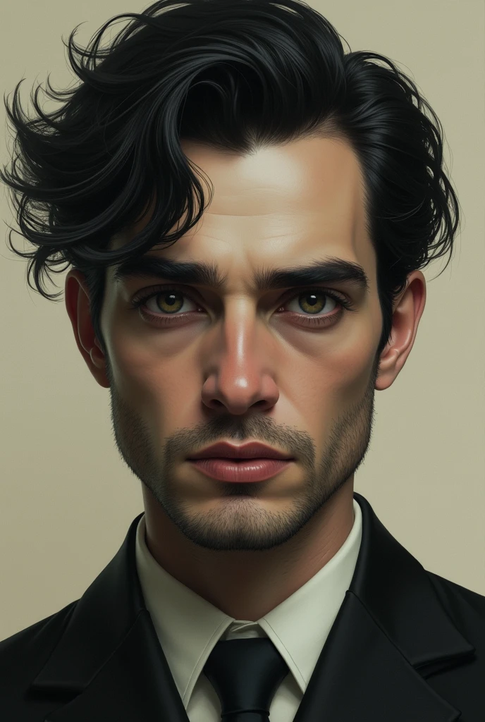 He had a pretty charming smile but when you really get to know him it turns out to be twisted and sinister, his face was perfectly symmetrical and attractive, he has a strong, defined jaw, which gave him an air of roughness and distrust, but behind his mismatched green eyes - one intense and bright, the other dark and mysterious - a cold, calculating mind hid. His gaze was hypnotic, but also unsettling, as if he could see through you and manipulate you at will. His dark black hair fell over his forehead in messy strands. His eyebrows were thick and well-defined, and often furrowed in an expression of disgust and nonconformity, his clothes were impeccable and casual, he seemed to want to show off his perfection.y Greg Rutkowski, by Alphonse Mucha