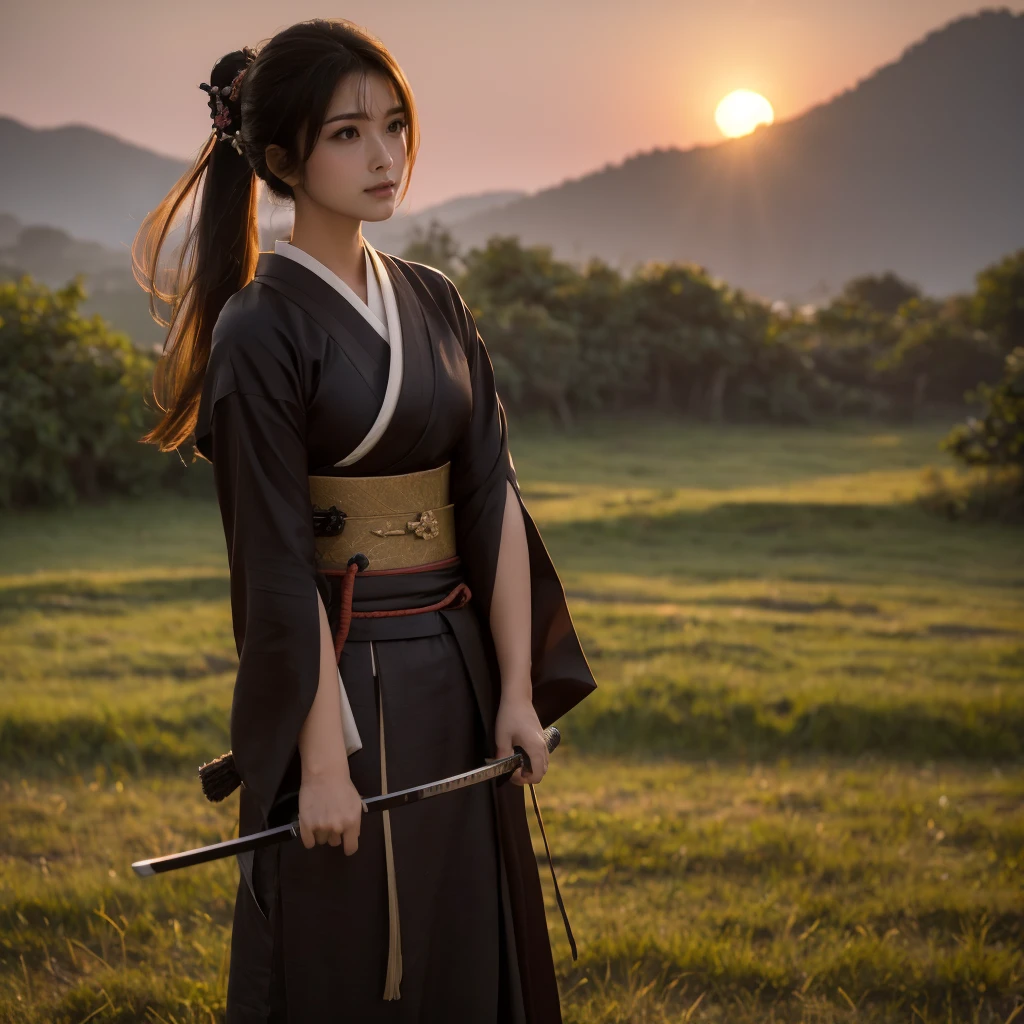 A lone samurai woman standing in a peaceful field at dusk, ready to draw her katana. She is wearing traditional samurai attire from the Sengoku period of Japan, consisting of a black and dark brown kimono-style robe with wide sleeves, tied with a dark obi around her waist. Her right hand is gripping the hilt of her katana, positioned near her waist as she prepares to draw it, while her left hand is steadying the sheath. Her posture is tense but focused, capturing the precise moment before action. Her hair is tied up in a traditional warrior style, and her face shows calm determination. The scene is set in a quiet field with tall grasses swaying gently in the wind, under the fading light of dusk. The color palette is soft and muted, with earthy tones for both the environment and her attire, and the background is simple, with birds flying in the distance."Additional Parameters:Style: Realistic, with a focus on action and tension in the poseLighting: Soft dusk lighting with warm, fading sunlight casting long shadowsColors: Dark black and brown tones for the attire, earthy and muted tones for the grass and skyComposition: The samurai woman centered, in a poised stance, with her katana halfway drawn, the quiet field around her creating a sense of serenity and focusEnvironment: Quiet field at dusk, soft wind moving the tall grass, birds flying in the distance