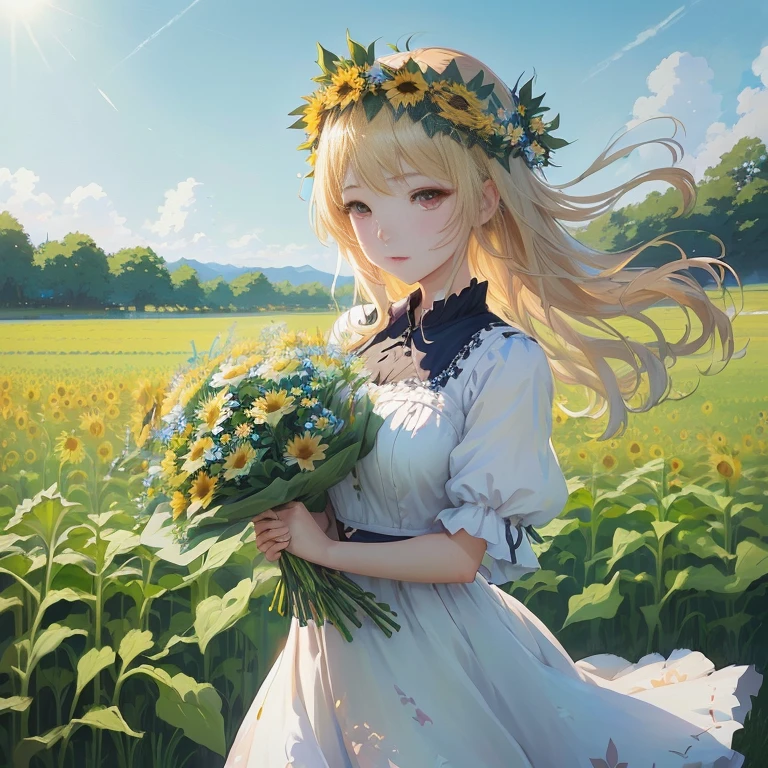 anime girl with flowers in her hair walking through a field, beautiful sunflower anime girl, in dress, guweiz on pixiv artstation, anime visual of a cute girl, in a field of flowers, in field high resolution, zerochan art, beautiful maiden, with flowers, beautiful anime portrait, guweiz, portrait of lolita