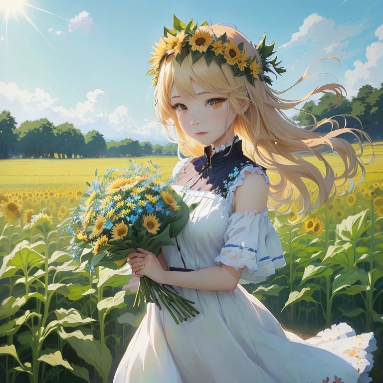 anime girl with flowers in her hair walking through a field, beautiful sunflower anime girl, in dress, guweiz on pixiv artstation, anime visual of a cute girl, in a field of flowers, in field high resolution, zerochan art, beautiful maiden, with flowers, beautiful anime portrait, guweiz, portrait of ta
