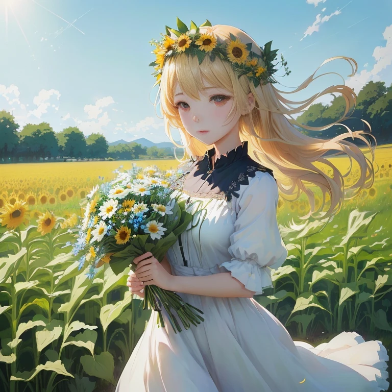 anime girl with flowers in her hair walking through a field, beautiful sunflower anime girl, in dress, guweiz on pixiv artstation, anime visual of a cute girl, in a field of flowers, in field high resolution, zerochan art, beautiful maiden, with flowers, beautiful anime portrait, guweiz, portrait of ta