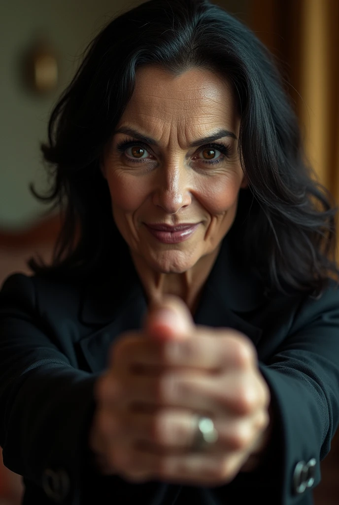 Dominatrix over 40 years old,60 year old woman, thin wrinkles, pose for selfie not Instagram, heavy makeup with long black hair and black eyes looking at the camera, detailed photo, realistic lighting, top quality real skin: 1.4, Enhanced cinematic lighting: 0.9,hyperrealisti: 1.4, (soft lighting: 1.05) moving figure, sexy dominant pose, domination, mistress, BDSM