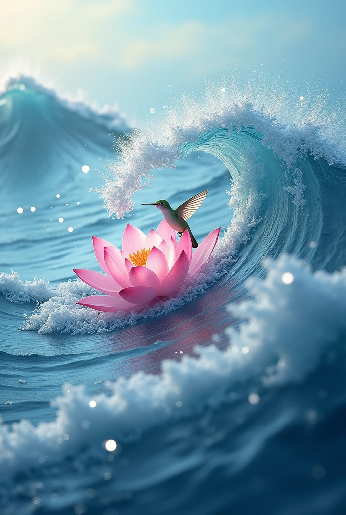 Hummingbird made of ocean waves with a lotus flower emerging and pink foam