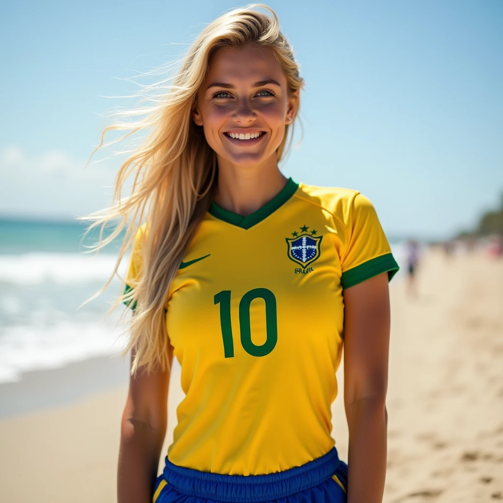 Photo of a blonde Brazilian woman in a soccer jersey on the beach with big breasts, brune allonger dans le sanle