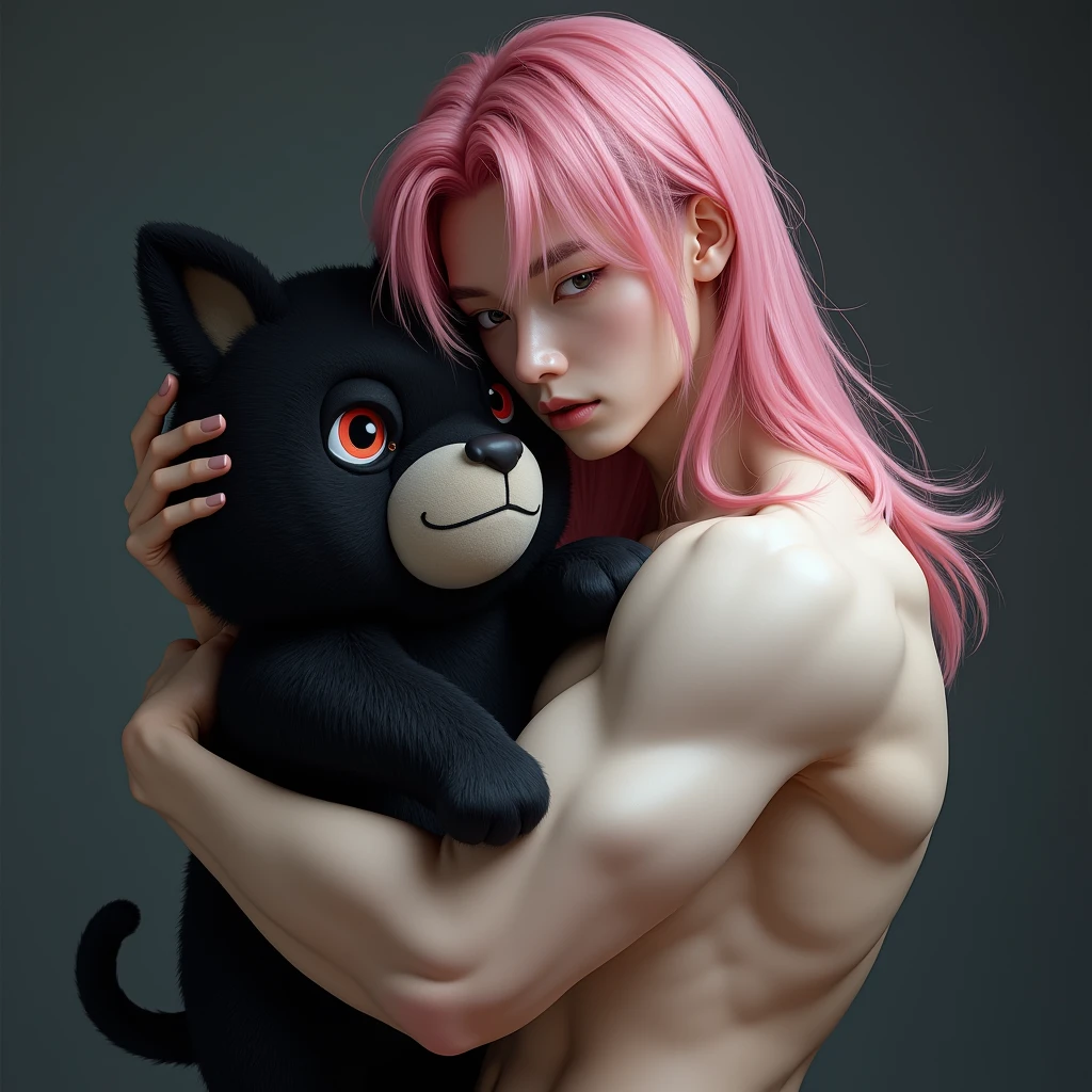Korean male idol with muscular build, pale skin, long pink hair, hugging a realistic gothic stuffed animal