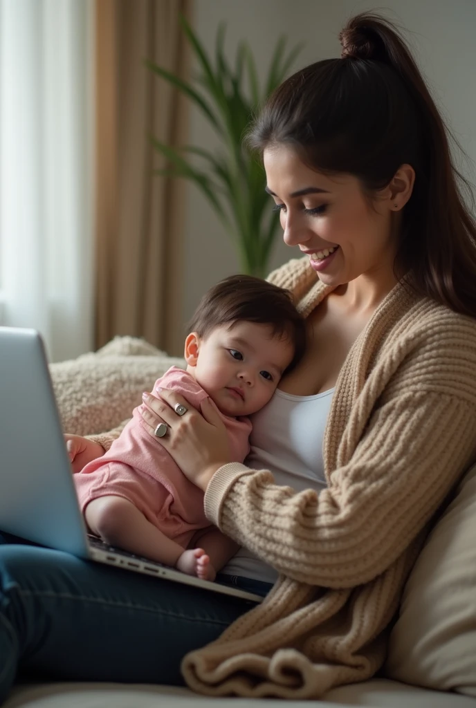 A mother working from home on her laptop with her  on her lap. The mother has Latina features. She is considered low income in her region. Super realistic image with lots of details.