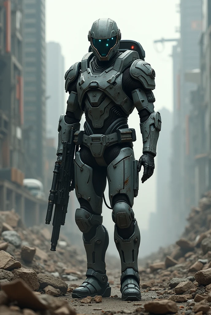 A futuristic soldier, in an apocalyptic world, with your damaged armor