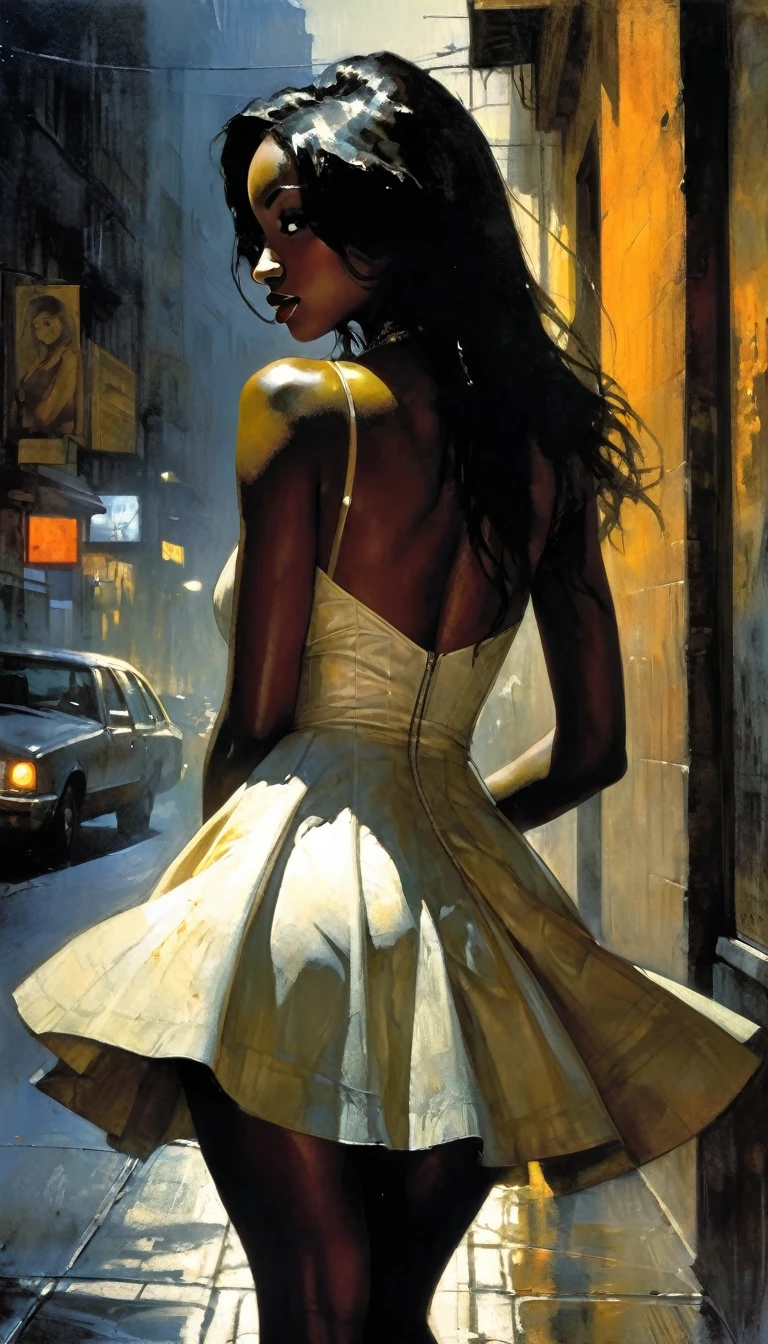 on the city street, in front, girl with her back turned, very sexy, Colombian, black skin, long hair, wearing a sexy dress, head turned; She looks at us, smiles, lifts her skirt and shows part of her ass,eroticism, sexy, black and white image, between shadows, oil painting, chiaroscuro, sensual, dramatic lighting, moody atmosphere, photorealistic, intricate details, masterpiece, ultra-detailed, high quality, 8k, best quality, realistic, cinematic, dark and brooding, expressionistic, powerful composition, emotional impact, art inspired by Bill Sienkiewicz and Dave McKean