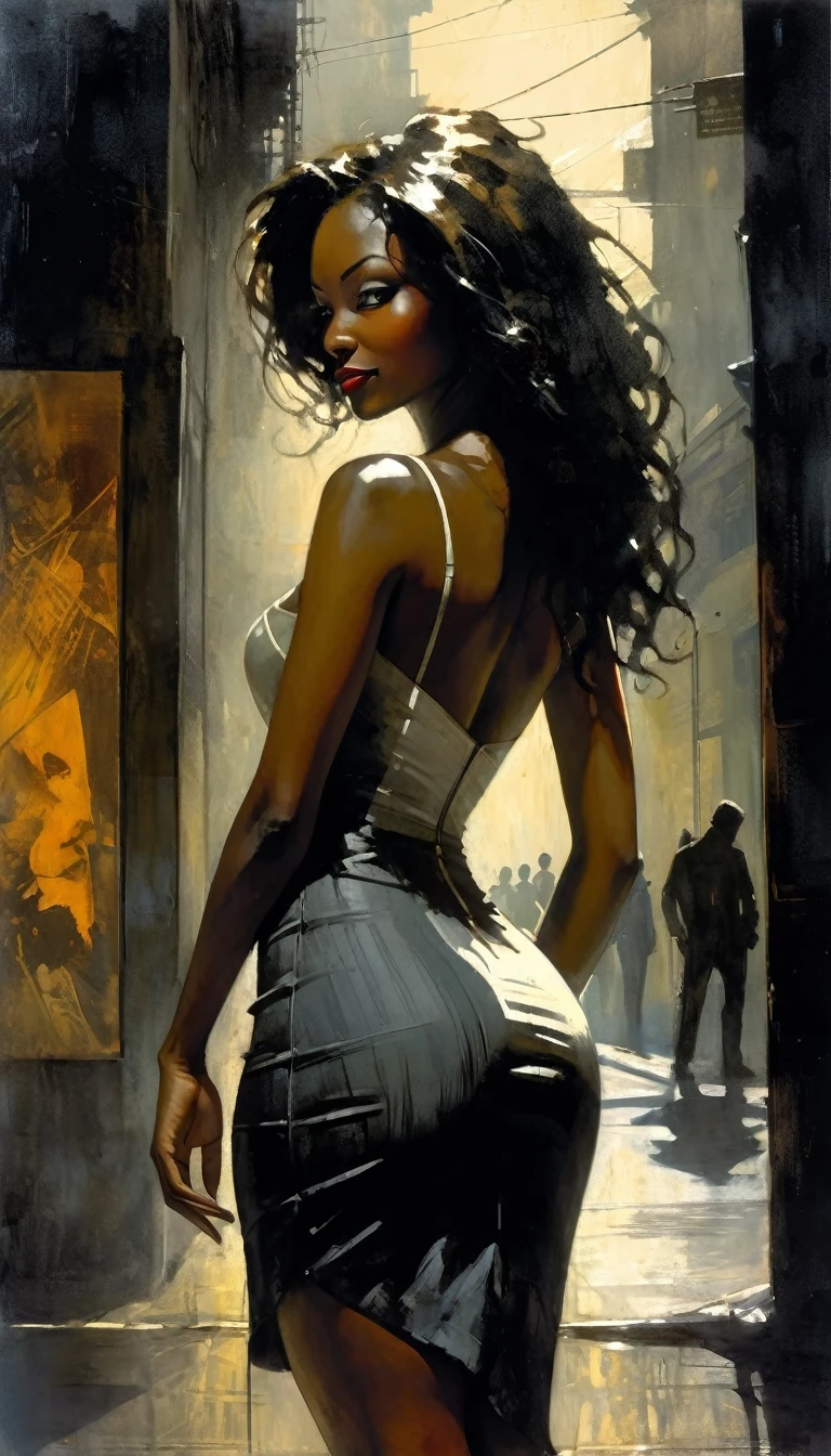 on the city street, in front, girl with her back turned, very sexy, Colombian, black skin, long hair, wearing a sexy dress, head turned; She looks at us, smiles, lifts her skirt and shows part of her ass,eroticism, sexy, black and white image, between shadows, oil painting, chiaroscuro, sensual, dramatic lighting, moody atmosphere, photorealistic, intricate details, masterpiece, ultra-detailed, high quality, 8k, best quality, realistic, cinematic, dark and brooding, expressionistic, powerful composition, emotional impact, art inspired by Bill Sienkiewicz and Dave McKean

