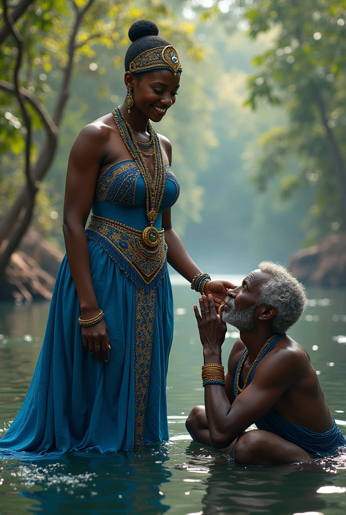 Olama Is a beautiful blind queen, she is putting on a blue dress with beads on her head and her waist representing her royalty she is dark and has a stunning smile . The picture should be in Africa way make her to appear in a river playing with water and an elderly man approach her while she was still in the river , keep her face consistent like the previous images . the elderly man was kneeling down begging olama