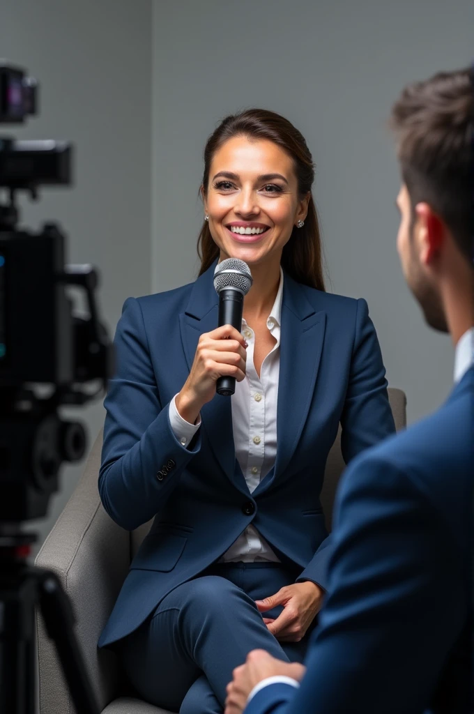 Create an interviewer with a microphone and a blue suit who speaks