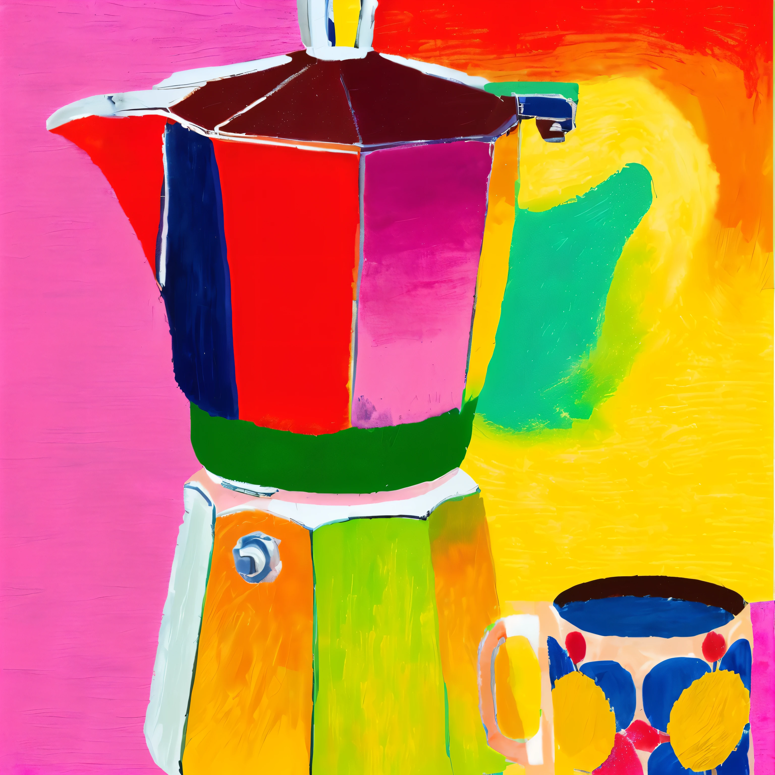 painting of a colorful coffee pot and a cup of coffee, by Kume Keiichiro, colorfull illustration, morning coffee, made with illustrator, painting of an undercover cup, (by tom purvis), by Lubin Baugin, ☕ on the table, inspired by David Hockney, magical fauvism, colorful illustration, by Mario Bardi