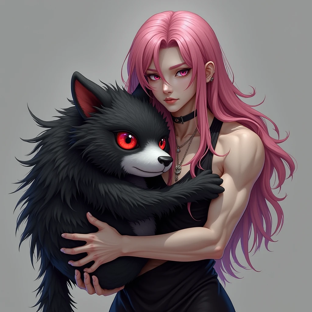 Korean male idol with muscular build, pale skin, long pink hair, hugging a realistic gothic stuffed animal