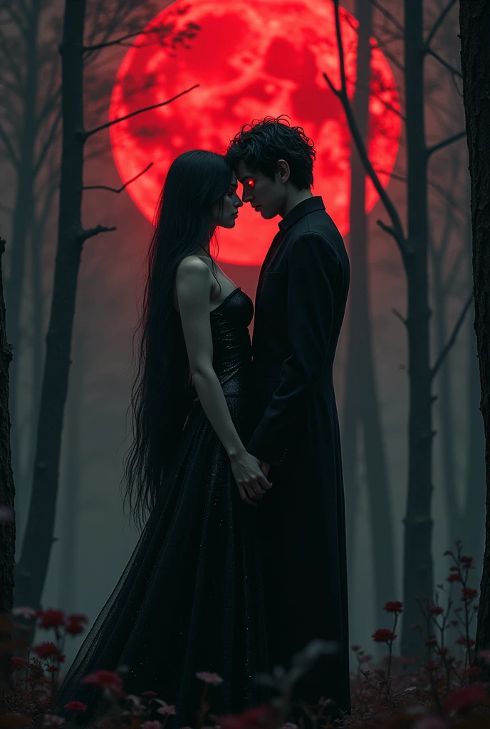 I want a beautiful, tall white girl with long black hair, wearing a shiny black dress, standing in a dark forest. In the background of the forest, there is red lighting and a blood moon. Next to her, a handsome, tall man with black hair, white skin, and bright red eyes is holding her waist.