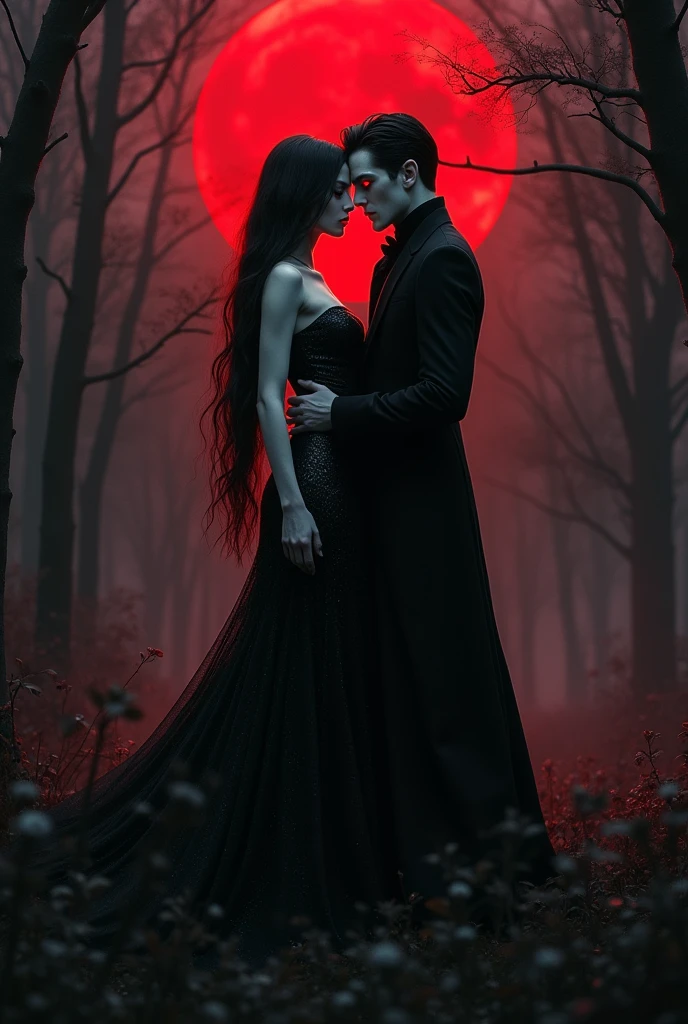 I want a beautiful, tall white girl with long black hair, wearing a shiny black dress, standing in a dark forest. In the background of the forest, there is red lighting and a blood moon. Next to her, a handsome, tall man with black hair, white skin, and bright red eyes is holding her waist.