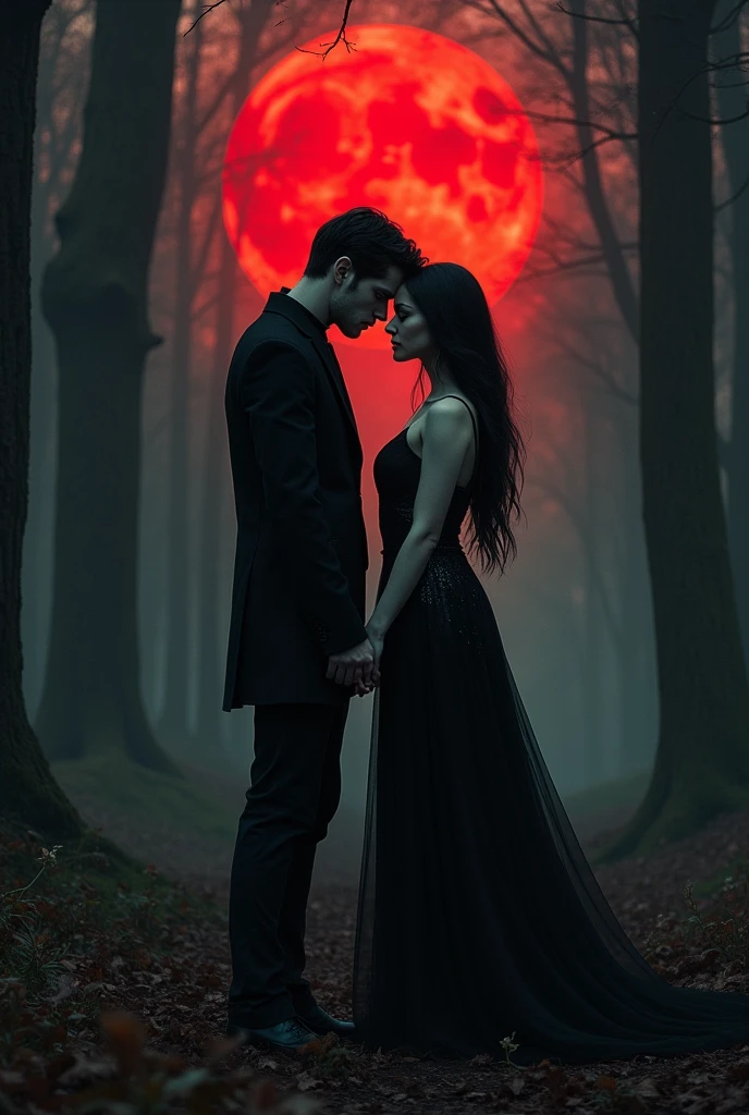 I want a beautiful, tall white girl with long black hair, wearing a shiny black dress, standing in a dark forest. In the background of the forest, there is red lighting and a blood moon. Next to her, a handsome, tall man with black hair, white skin, and bright red eyes is holding her waist.