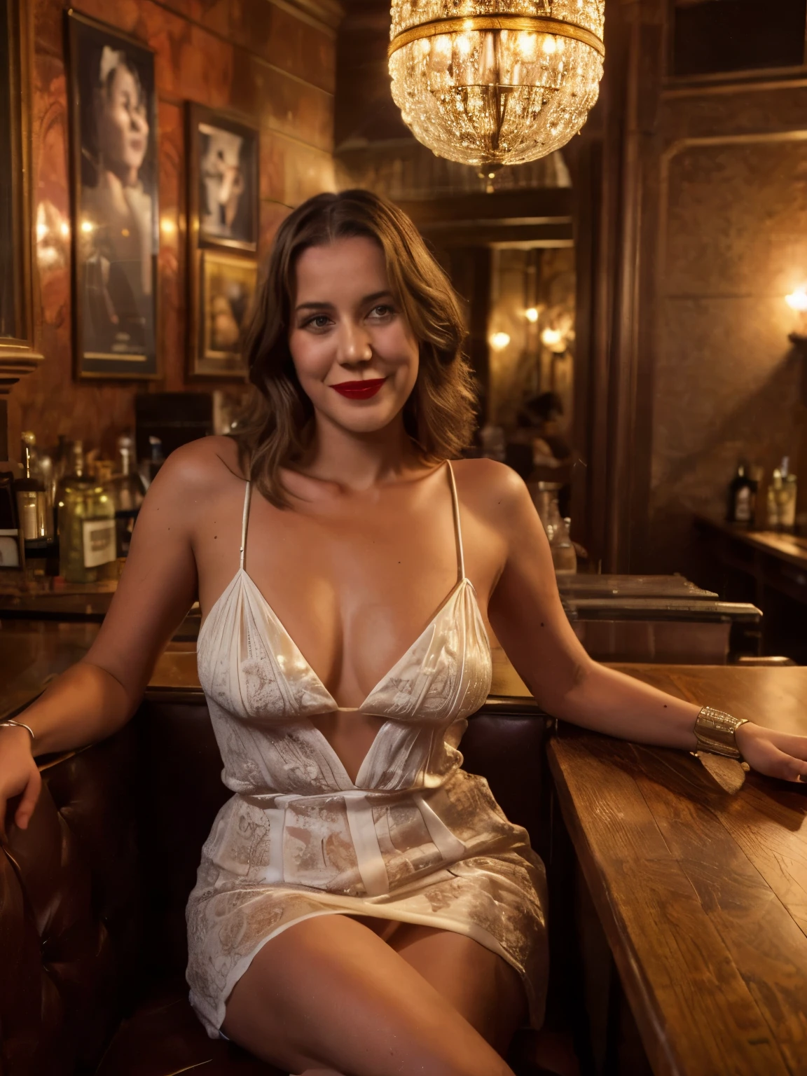 1920s New York City nightclub scene, crowded small vintage BDSM bar filled with truckers and a provocatively smiling seductive callgirl sitting on top of a bar counter near the camera. The woman is wearing only a transparent white see-through blouse with a deep neckline, showcasing her new Givenchy Ankle Strap Sandals in red high stiletto heels. The setting features 1920s nightclub decor with dim lighting, smoky atmosphere, and art deco furnishings. Surrounding the scene are vintage bar stools, old-fashioned wooden bar counters, ornate mirrors, velvet curtains, brass chandeliers, leather booths, glass ashtrays, brass cigarette holders, and crystal glasses. The bar is adorned with dark mahogany wood, polished brass railings, and framed black-and-white photos of famous jazz musicians. In the background, a gramophone plays jazz music while patrons sip on whiskey and gin cocktails. The room is filled with vintage leather-bound menus, glass bottles of spirits, cocktail shakers, and metal drink stirrers. The walls are covered with vintage posters, red velvet wallpaper, and framed art deco paintings. Ceiling fans spin slowly above, and the floor is lined with black and white checkered tiles. Other elements include metal bar trays, hanging glass light fixtures, a vintage cash register, wooden coat racks, a piano in the corner, and velvet ropes by the entrance. The overall atmosphere is intimate, moody, and filled with the energy of 1920s New York nightlife.