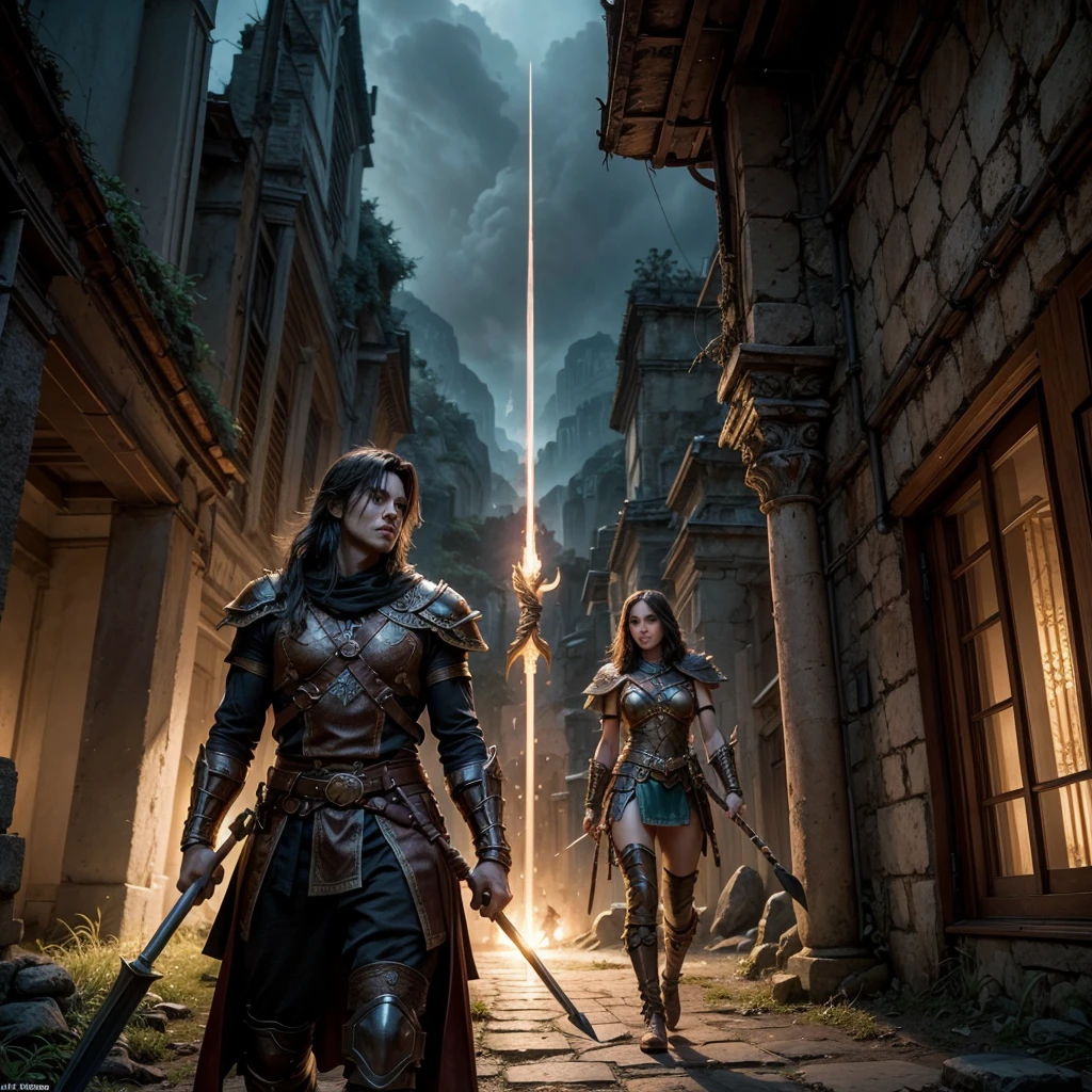3 main characters in heroic poses:
At the center, a male warrior holding two axes, one in each hand
Beside him, a priestess holding a magic staff
On the other side, A mage with a gun, both women in feminine armor
In the background, a barbarian with a man's body and a tiger's face, also with black armor
All characters should be in dynamic and heroic poses, occupying approximately 2/3 of the image
Fantasy setting with elements of action and adventure, como paisagens, ruins, fantastic creatures, etc.
Developer company logo discreetly positioned in a corner of the image
Vibrant and contrasting color palette, with predominantly warm tones