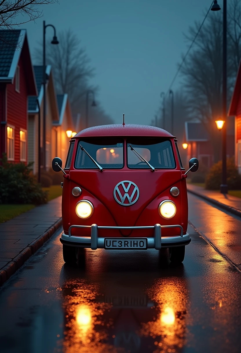 a highly detailed photorealistic old red VW, dramatic lighting, norwegian nature, wet pavement reflections, cinematic atmosphere, dark night street, extreme detail, 8k, HDR, photorealistic, physically-based rendering, professional, vibrant colors, volumetric lighting