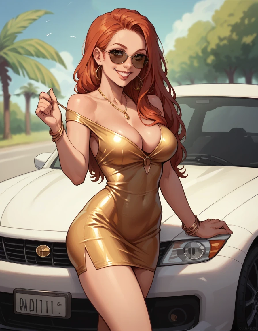 (redhead long hair) (background palm, tropical weather)