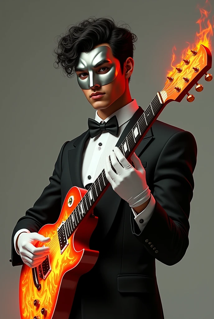 Create an image of a young adult man with brown skin and curly hair., with a silver mask, a black bow around his neck, with white gloves, playing a black acoustic guitar with fire details in its design and he is dressed in black
