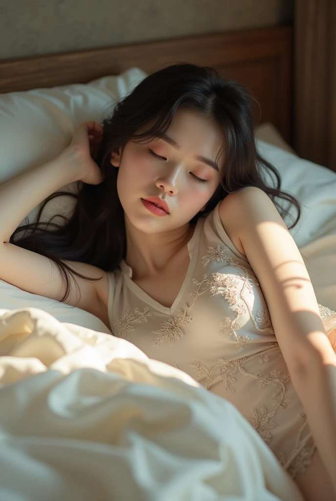 Young Asian girl in white cheongsam with embroidery looking sexy, long bare legs look in bed asleep