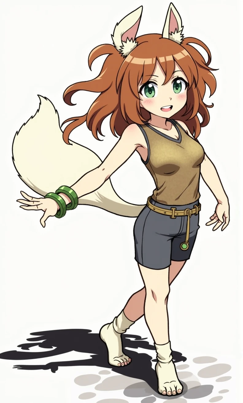 milla basset, masterpiece, best quality, 1girl, solo, long hair, looking at viewer, bangs, brown hair, shirt, animal ears, hair between eyes, bare shoulders, jewelry, breasts, green eyes, standing, tail, thighs, outside, shorts, sleeveless, shiny, bracelet, standing, full body